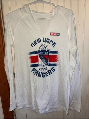 CCM White New York Rangers Hooded Long-Sleeve Shirt with Blue & Red Graphics